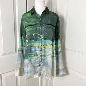 Wollner Abstract Watercolor Tie Dye Oversized Button Down Shirt-Green-Medium